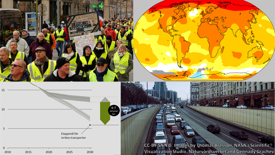 Collage of the Yellow vest movement, weather graphs, and traffic.