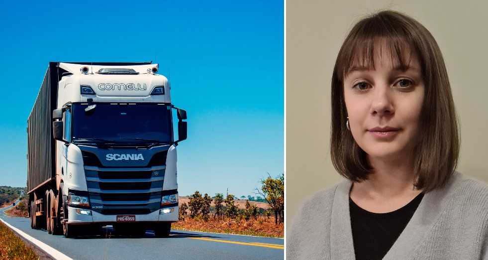 A collage of a truck and a portrait of Lina Rylander